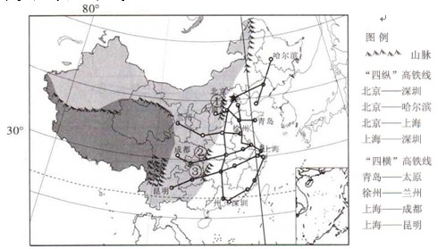 读图13"中国四横四纵高速铁路线分布图",图14"四城市气温曲线和降水量